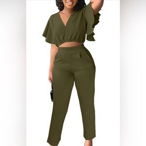 2 peace, olive green crop top suit